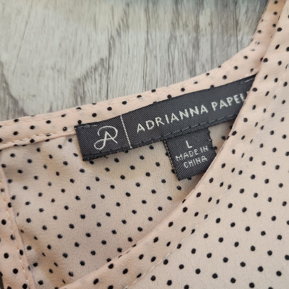 Adrianna Papell Blouse Top Large Pink Polka Dot Ruched Shoulder Eclectic Boho - Picture 10 of 11